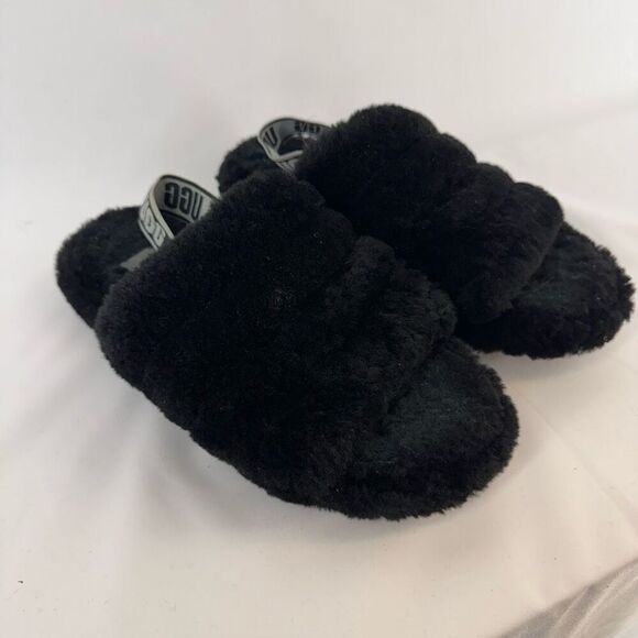 UGG Kid's Black Flat Strap Comfort Slip On Fluff Yeah Slide Sandal Size 6 - Picture 4 of 8